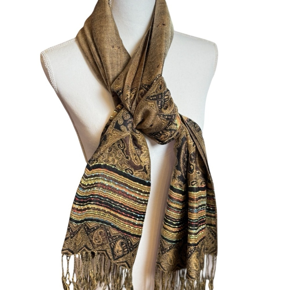 Vintage Echo-Style Paisley Metallic Fringe Scarf Shawl – Boho Chic - Picture 6 of 6